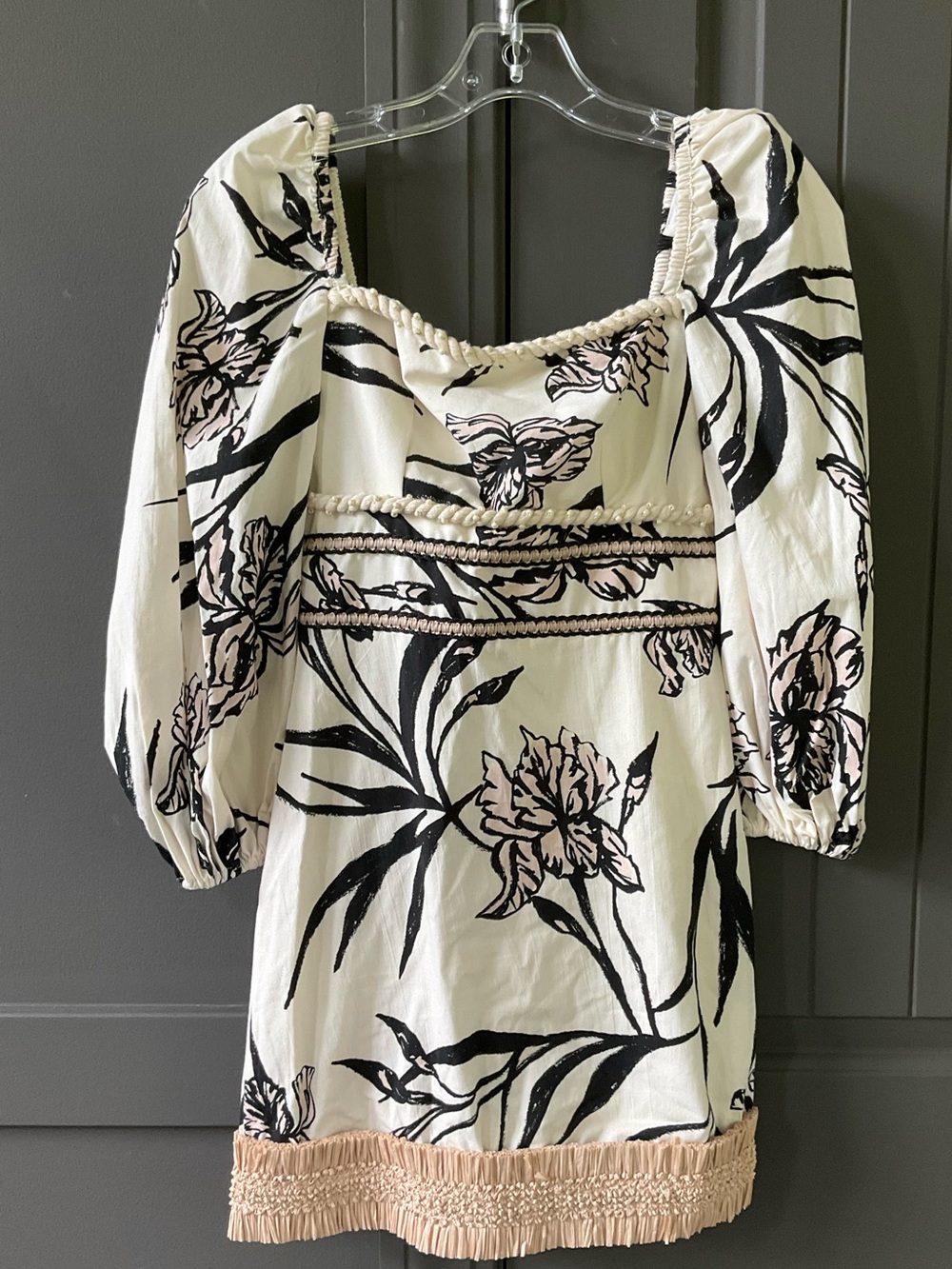 PatBO Iris Floral Mini Dress with Braided Rope and Raffia Trim